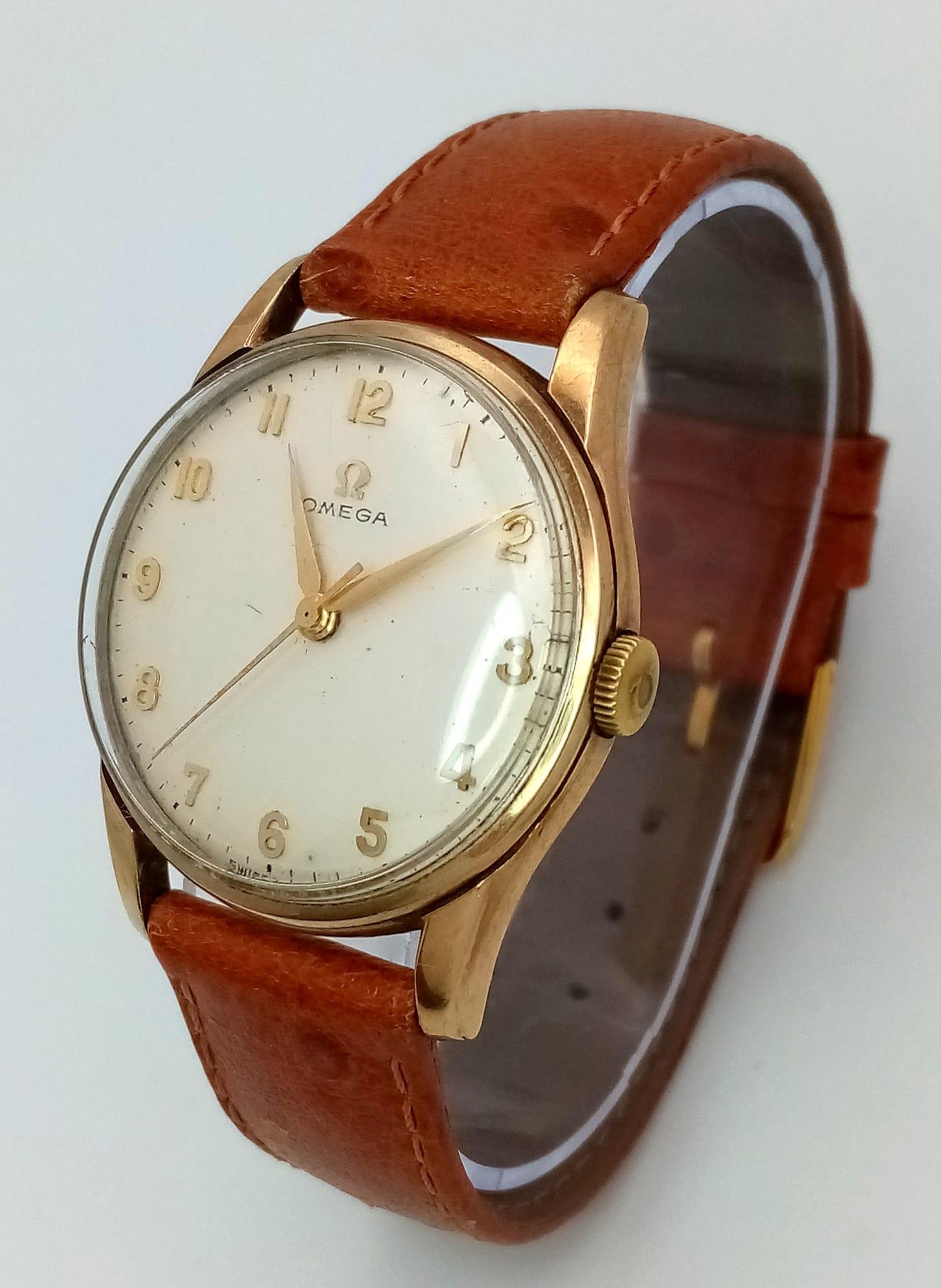 A 9K YELLOW GOLD CASED OMEGA WATCH ON TAN LEATHER STRAP. FULL WORKING ORDER ref: MB 5001 - Image 2 of 7