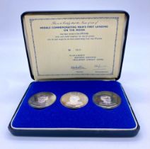 Three Fine Silver (.999) Medals Commemorating Man's First Landing on the Moon. Comes in original