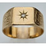 A Vintage 9K Yellow Gold Diamond Star Signet Ring. Size Z/Z+1. 7.6g total weight.