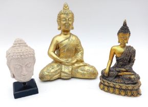 A Parcel of Three Gold Tone & Stone Resin Buddha Figures 10-14cm Tall.