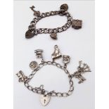 2X vintage sterling silver charm bracelets with multiple charms such as Holly Bible, padlocks,