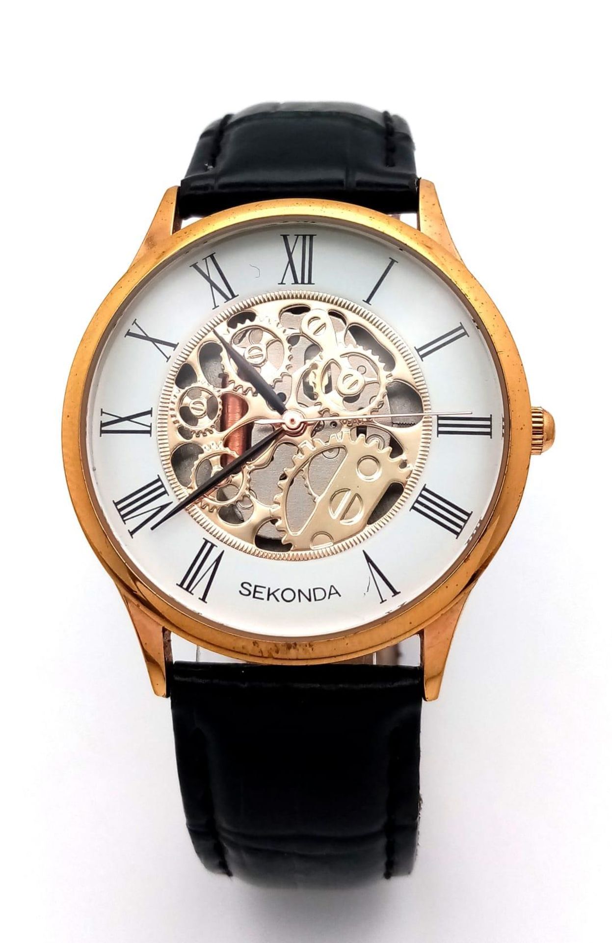 A Sekonda Automatic Skeleton Gents Watch. Black leather strap. Gilded case - 37mm. Skeleton dial. In - Image 3 of 9