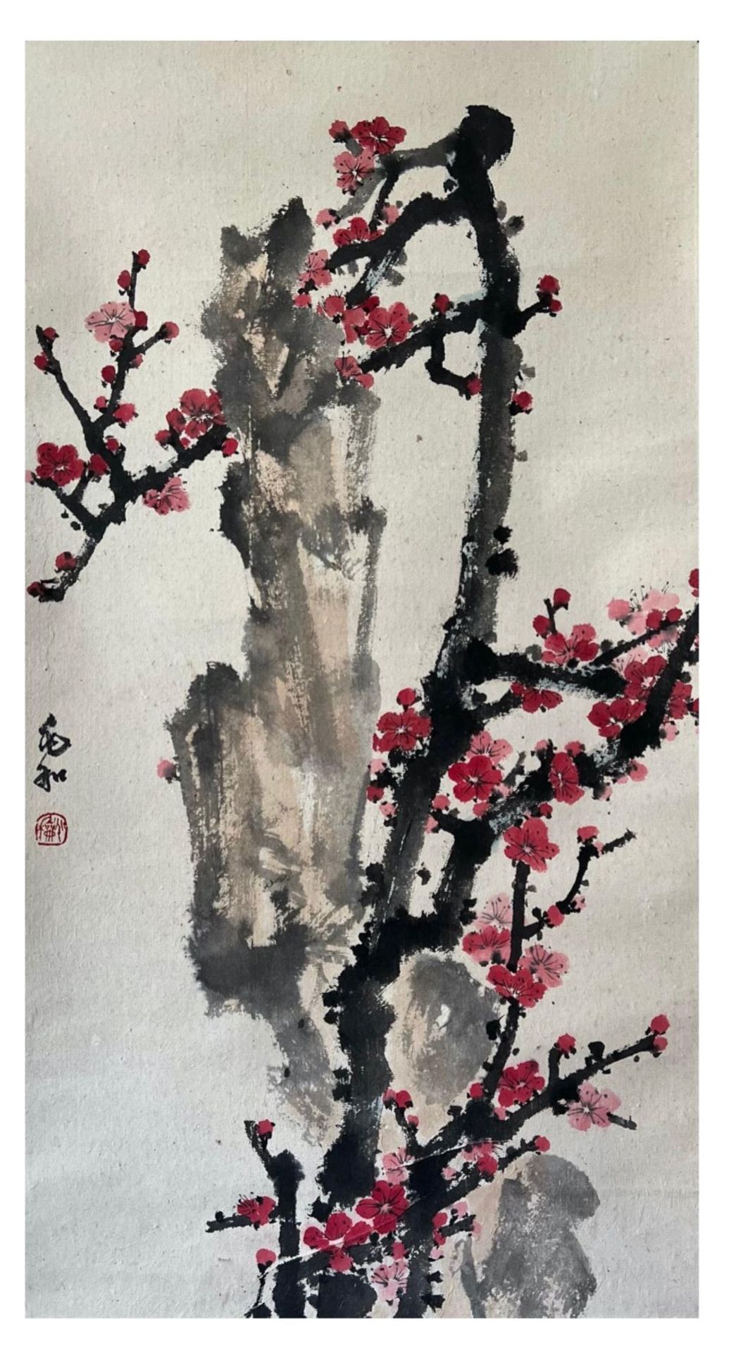 Plum blossom with crimson petals - Chinese ink and watercolour on paper scroll. Attributed to