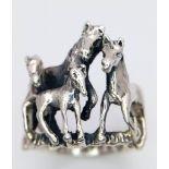 A Rare and Unique Vintage Sterling Silver Horse Group Ring. Size P. 7.82 Grams. In presentation box.