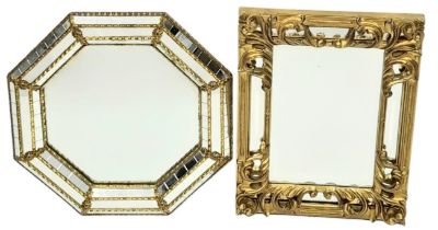 A parcel of two vintage mirrors. A rectangular, ornately gold framed mirror (32cm wide by 42cm high)