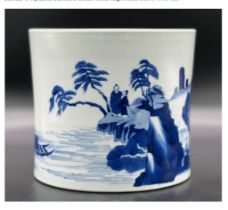 A blue and white brush pot with landscape and figures; Kangxi; Qing Dynasty. Diameter of Top 20cm,