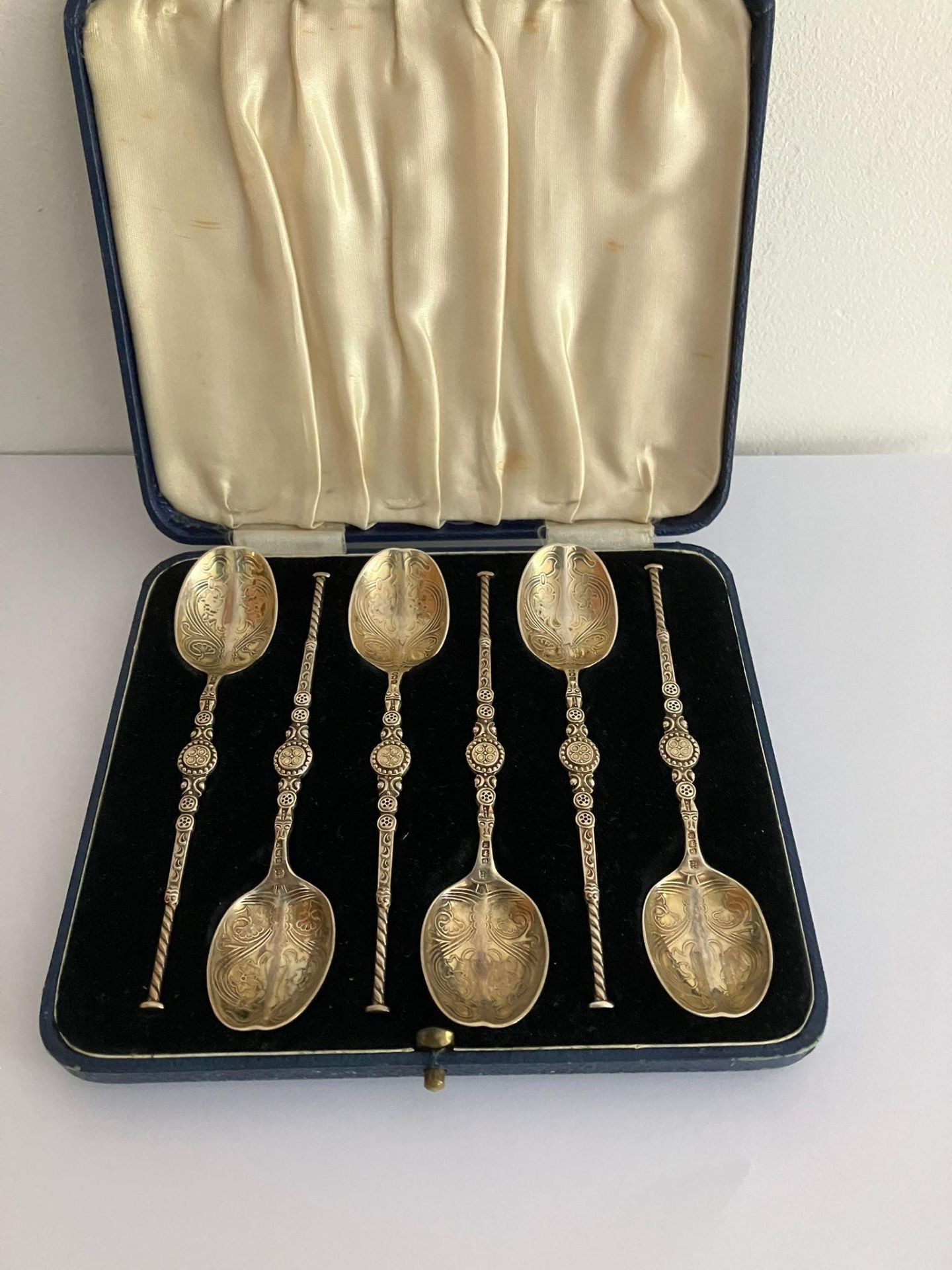 Rare Antique set of six gilded SILVER ANOINTING TEASPOONS. Clear hallmark for Charles S Green,