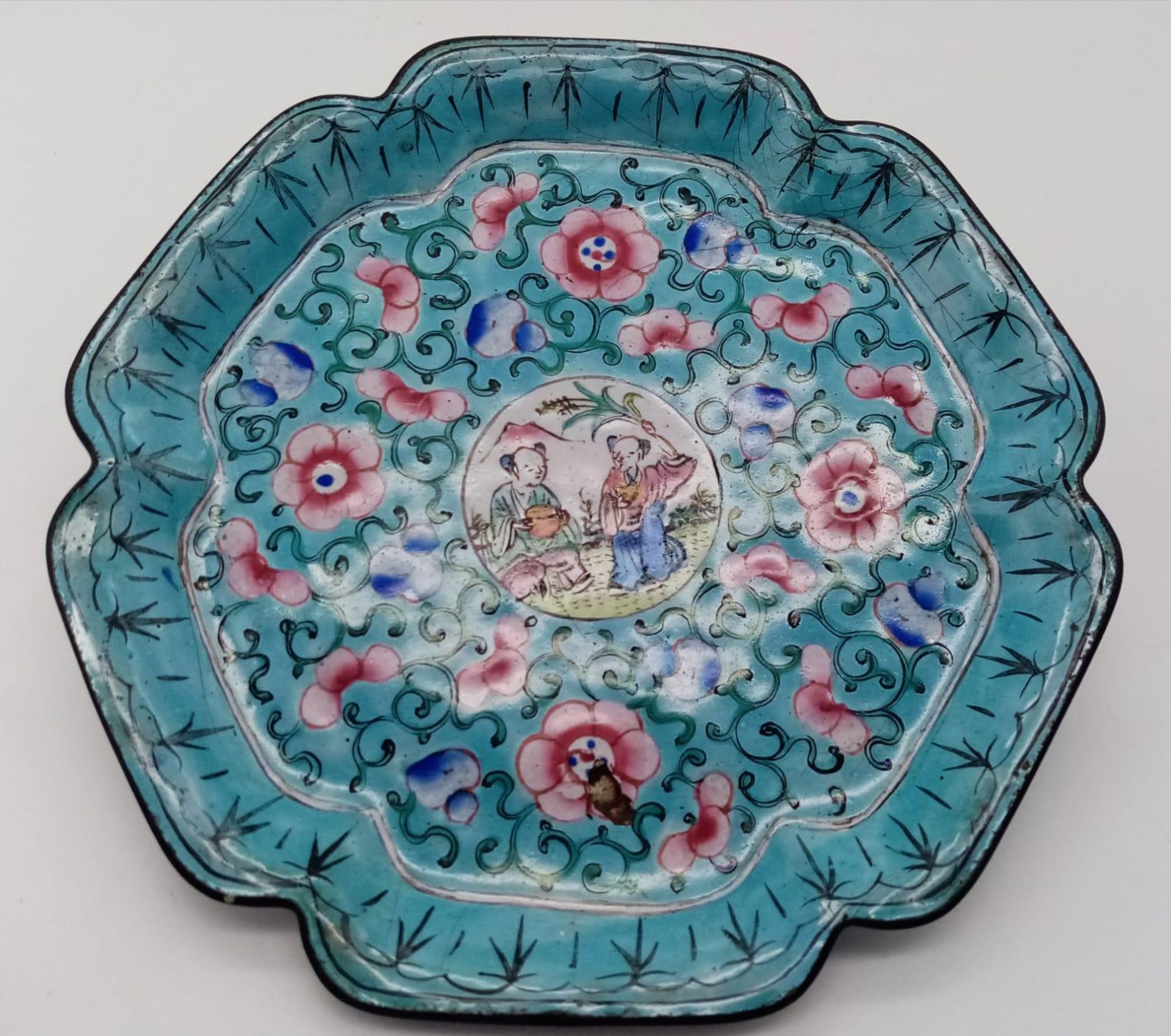 Stunning Early 19th Century, possibly 18th, Canton Enamel Dish. Wonderful turquoise blue,