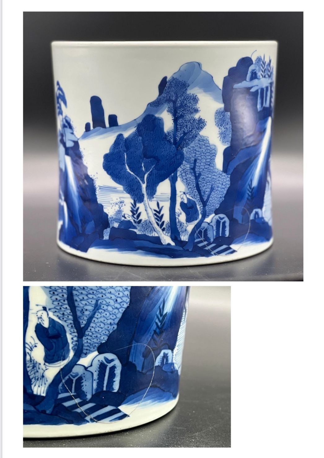 A blue and white brush pot with landscape and figures; Kangxi; Qing Dynasty. Diameter of Top 20cm, - Image 4 of 8