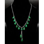 A 925 Silver Necklace with Briolite Cut Emerald Drops. 44cm in length, 5.5cm middle drop, 77ctw