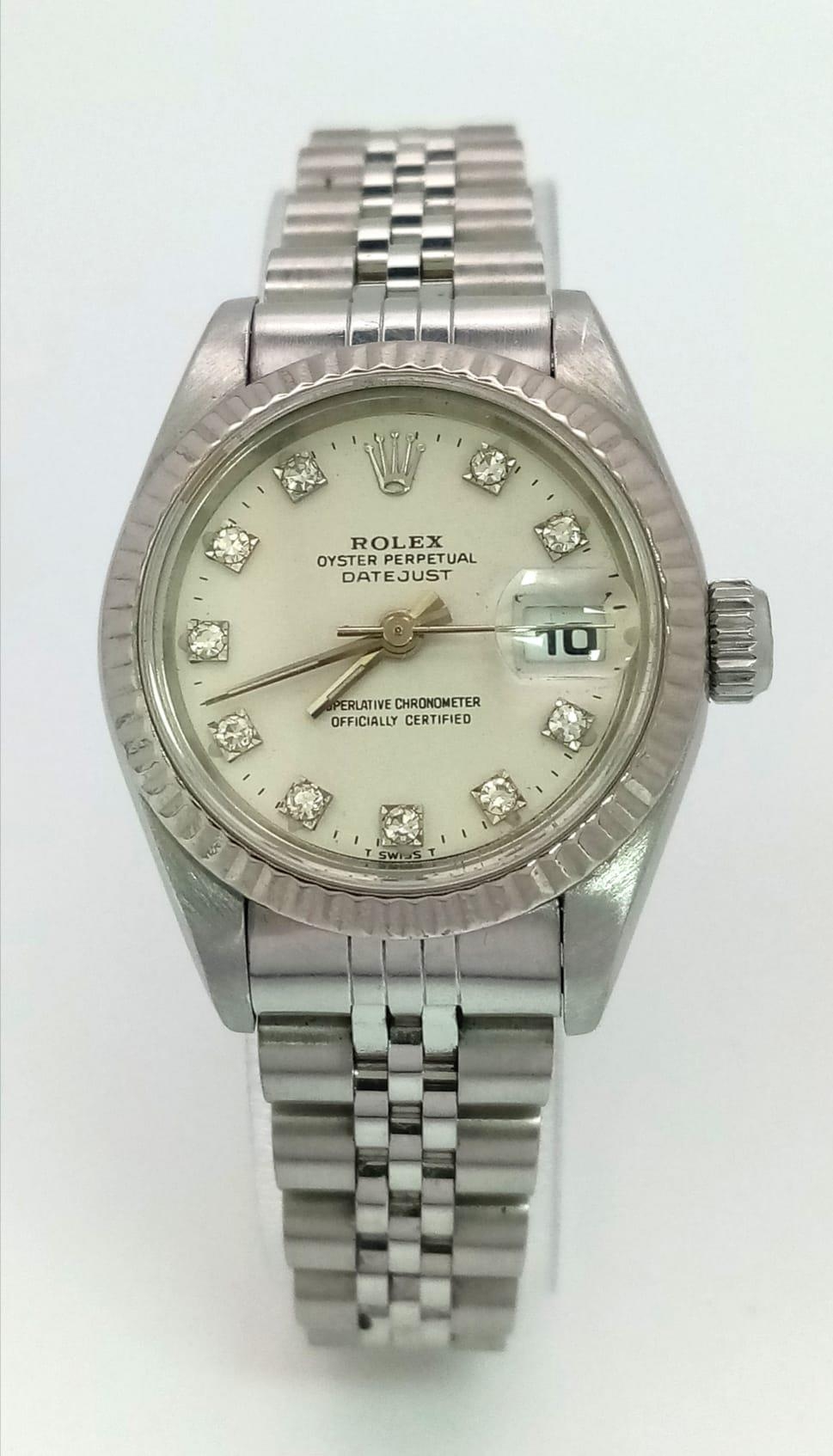 A LADIES ROLEX OYSTER PERPETUAL DATEJUST IN STAINLESS STEEL WITH DIAMOND NUMERALS AND - Image 2 of 8