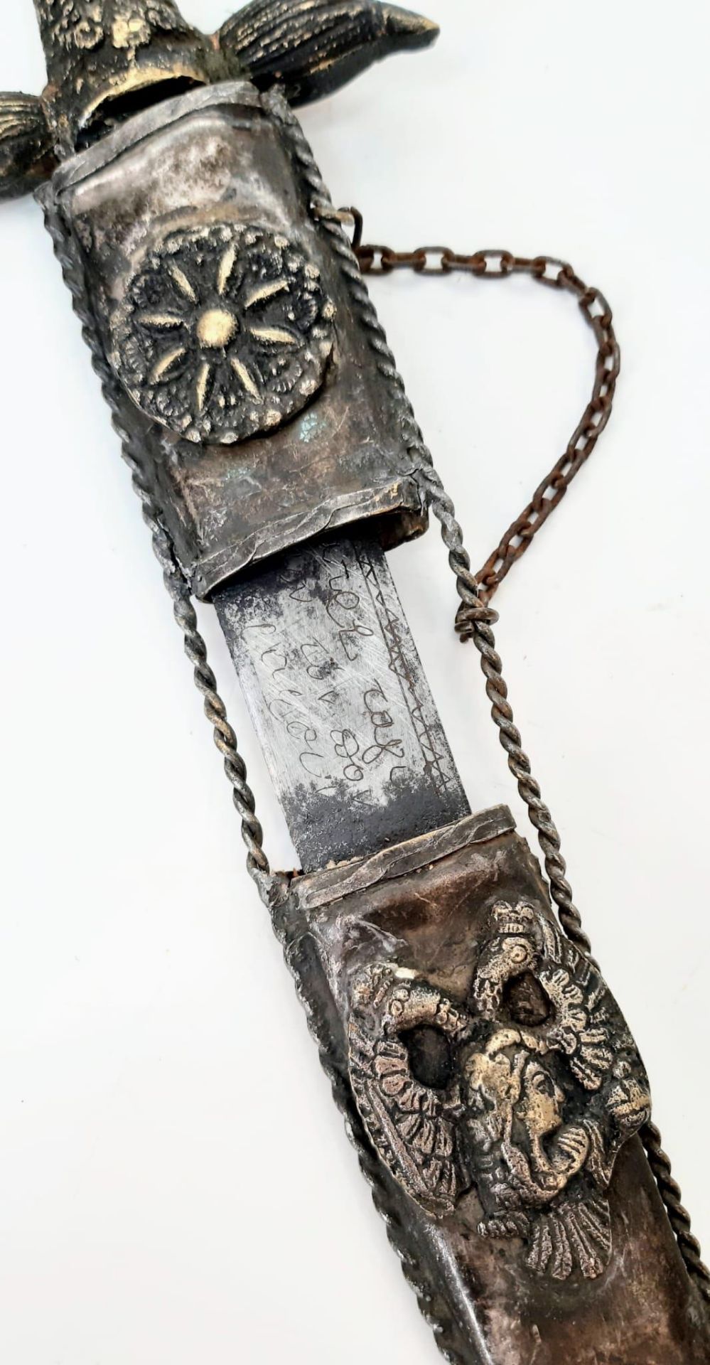 A Very Rare & Unique, Antique, Middle Eastern White Metal Brass Ornate Dagger. 38.5cm Length. - Image 6 of 7