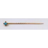 A Vintage 9K Yellow Gold Turquoise and Diamond Stick-Pin. Small turquoise cabochon with a four
