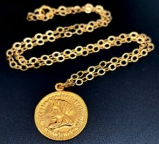 A Gold Filled Coin Pendant Necklace. Measures 42cm in length.
