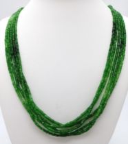 A STERLING SILVER CLASPED 5 ROW GREEN GARNET NECKLACE 51.3G 62 length ref: M 61