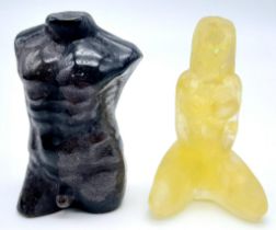 Two natural stone carved Human Art Figures. Featuring a Male Torso and a Woman Sitting. Both measure