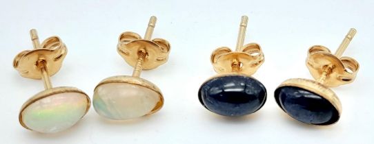 Two pair of Gold Filled studded earrings. One Iridescent Opal colour and one Moody Blue colour.