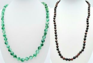 Duo of Beaded Necklaces. One Jade Green stone and one Iridescent Black/Orange stone. Both