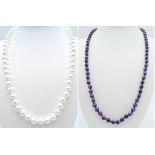 Duo of Beaded Stone Necklaces. One Pearlescent White (48cm) and one Iridescent Black/Purple Stone (