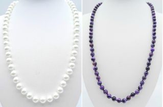 Duo of Beaded Stone Necklaces. One Pearlescent White (48cm) and one Iridescent Black/Purple Stone (