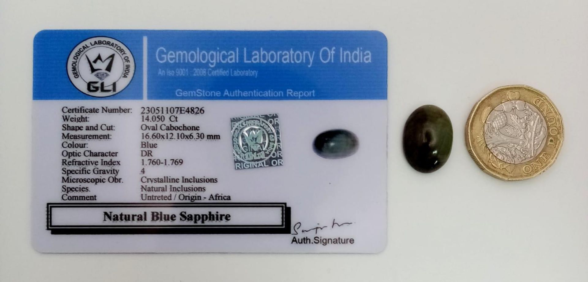 A 14.05ct Natural Untreated African Blue Sapphire, in Oval Cabochon shape. Comes with the GLI - Image 5 of 5