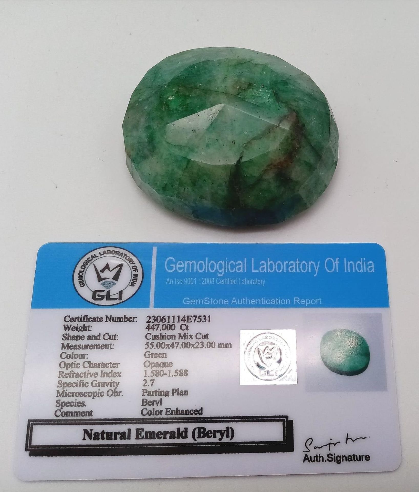 A 447ct Natural (Beryl) Emerald. Cushioned Mix-Cut. Comes with a GLI certificate. - Image 4 of 4
