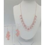 A 925 Silver Necklace with Briolite Cut Rose Quartz Drops, with Matching Earrings. 48cm necklace