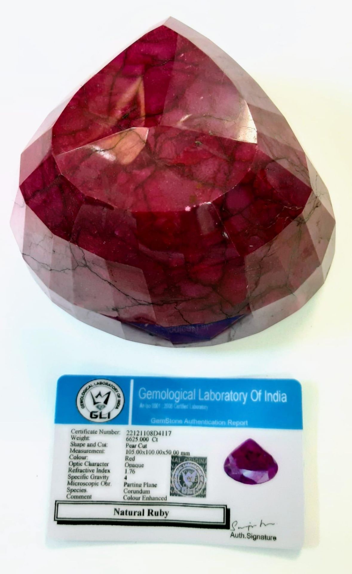 A Mammoth 6625ct Earth-Mined African Ruby. Pear Shape with a GLI Certificate.This is a colour- - Image 2 of 3