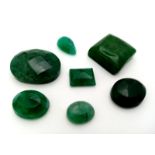 A 91ct Faceted & Cabochon Emerald Gemstones Lot of 7 Pieces. Mixed Shapes.