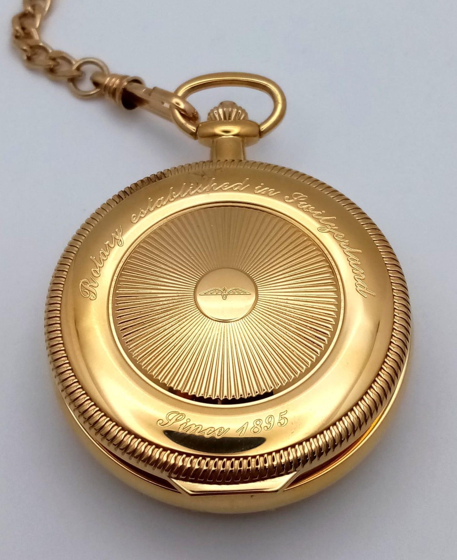 An Unworn Gold Plated Rotary Manual Wind Pocket, Date Watch. 4 Day Power Reserve. With Albert Chain. - Image 7 of 8