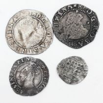 Four Elizabeth I Silver Hammered Coins - 2 x 2d, 1 x 1d and 1 x 1/2d. Please see photos for