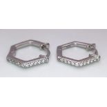 A Pair of Silver Octagonal Hoop Earrings with CZ Decoration. Ref: 7087