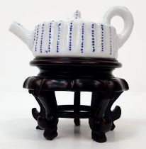 A wonderful miniature Chinese antique porcelain teapot with wooden stand. Excellent condition ,