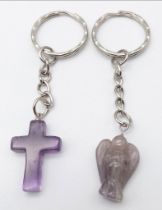 An Amethyst Cross and Angel Keyring Set. Both 9cm.