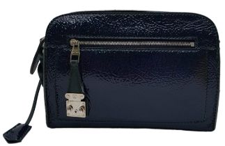 A Louis Vuitton Dark Navy Blue Vernis Pochette Bag. Patent leather exterior with silver toned
