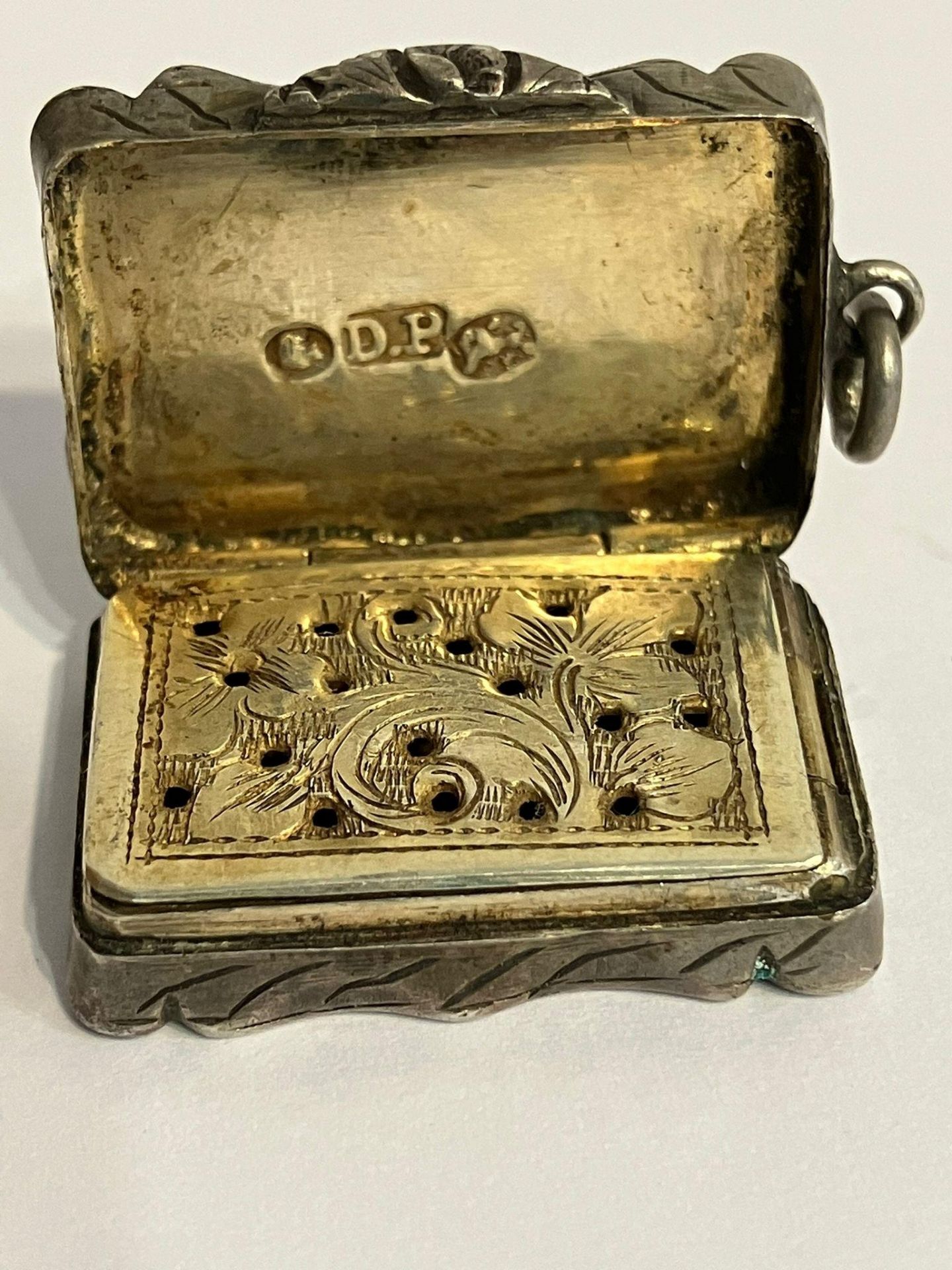 Antique SILVER VINAIGRETTE Having foliate and scroll decoration to lid with gilded interior