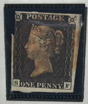 An Antique Mid 19th Century Penny Black Stamp - S and F corner markings. Please see photos for finer