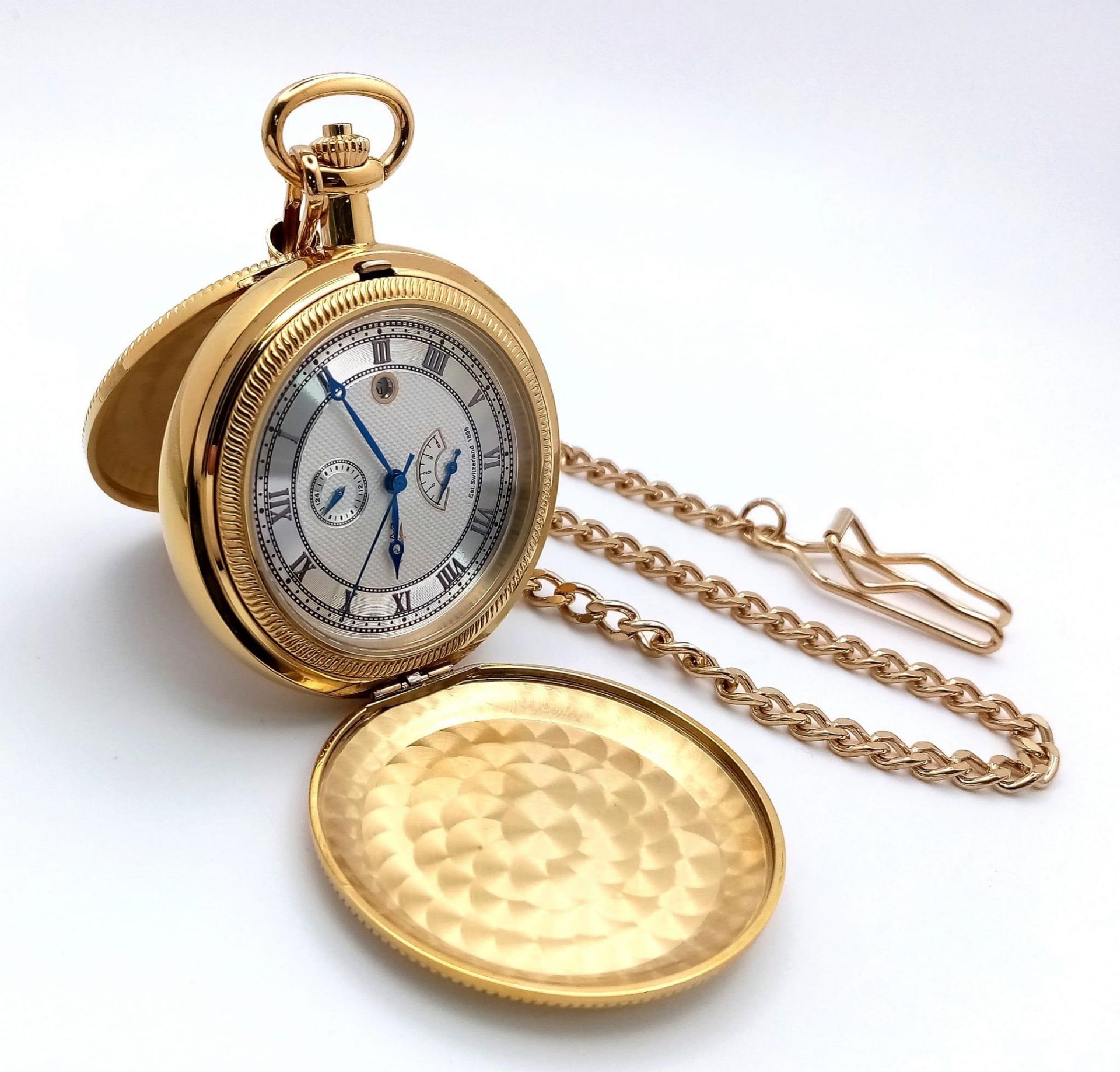 An Unworn Gold Plated Rotary Manual Wind Pocket, Date Watch. 4 Day Power Reserve. With Albert Chain.