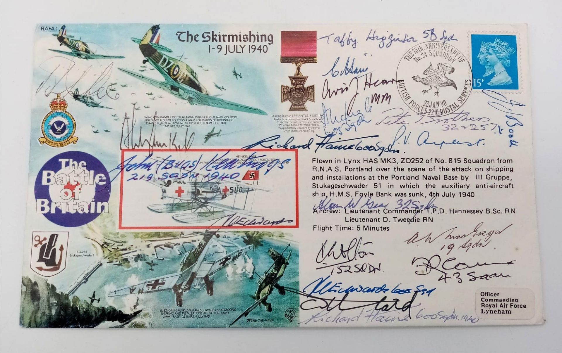 A Battle of Britain Commemorative First Day Cover Signed by Seventeen BoB Fighter Pilots, Including: