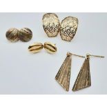 Four Pairs of Different Style 9K Gold Earrings. No backs. 2.55g total weight.