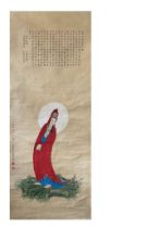 Guanyin; Scriptures; Chinese ink and watercolor on silk scroll; Attribute to Lu Xiaoman. 101cm*39.