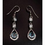 A Pair of Blue Topaz and White Stone Drop Earrings set in 925 Sterling silver. 4.50ct. Comes with