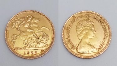 A 1982 Queen Elizabeth II 22K Gold Half Sovereign Coin.