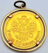 A Rare 1897 Russian Nikolai II 900 (21.6K) Gold 7.5 Rouble Coin in a 9K Pendant Casing. 7.77g