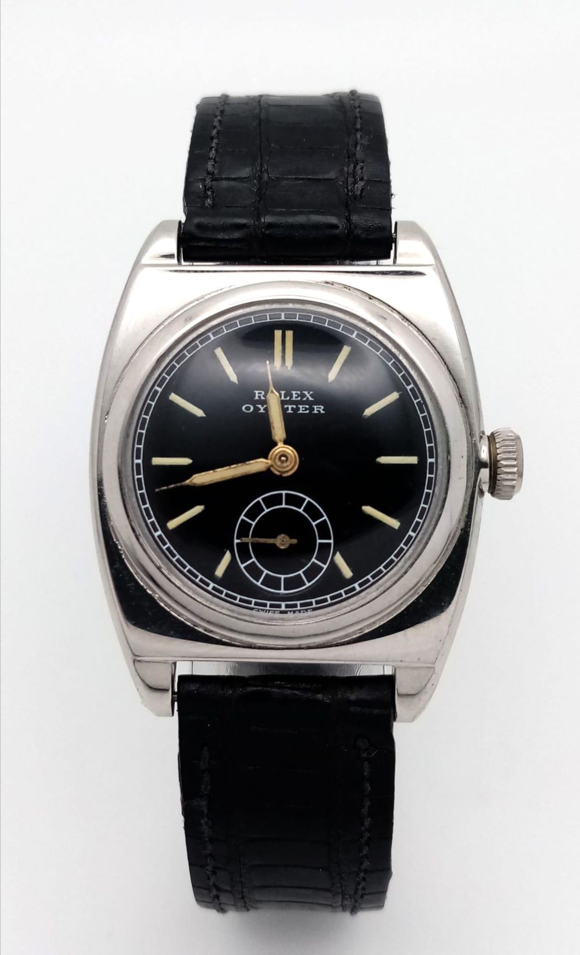A VINTAGE ROLEX OYSTER RARE MANUAL WIND (ALSO KNOWN AS THE ROLEX "VICEROY") ON A BLACK LEARHER STRAP - Bild 2 aus 9