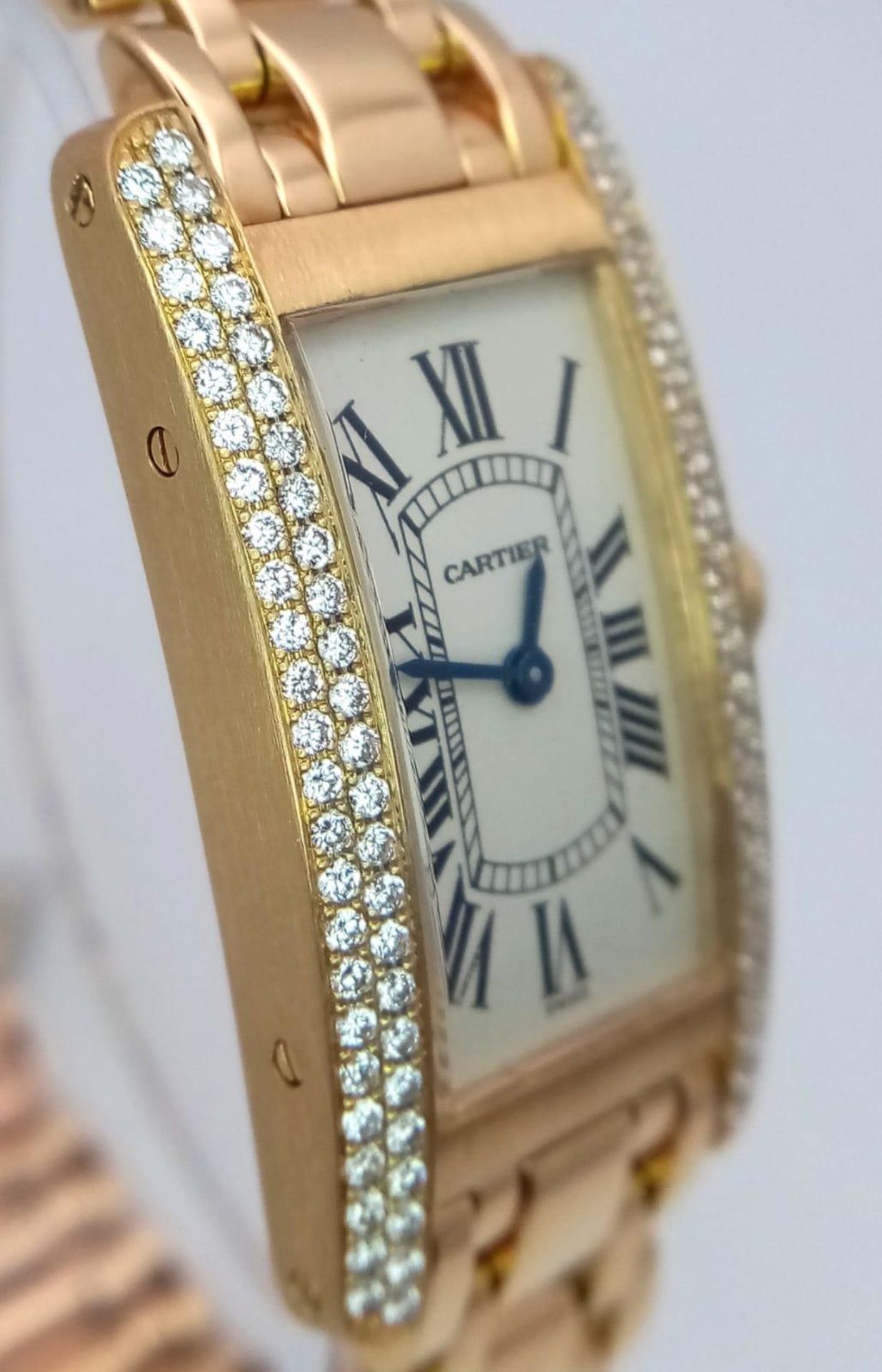 An 18K Gold and Diamond Cartier Tank Americaine Ladies Watch. 18K gold bracelet and case - 19mm - Image 3 of 8
