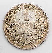 A German East African 1905 Silver One Rupee Coin.