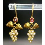 A Pair of Vintage 22K Yellow Gold, Ruby and Seed Pearl Earrings. Grapes on the vine never looked