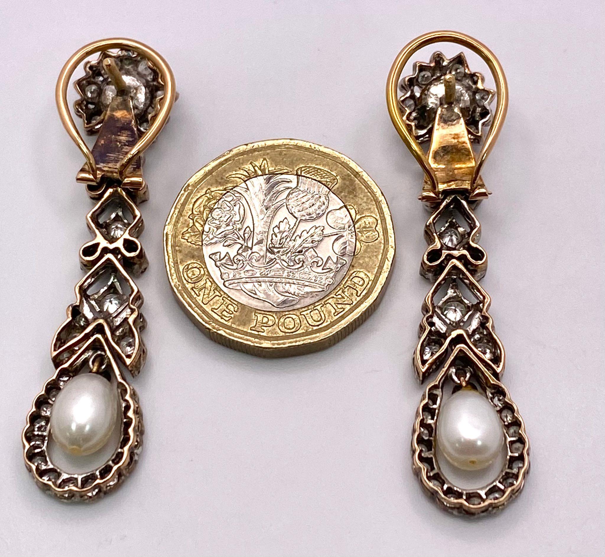 A Pair of 14K Yellow Gold, Diamond and Pearl Art Deco Drop Earrings. Beautifully crafted with bright - Image 3 of 3