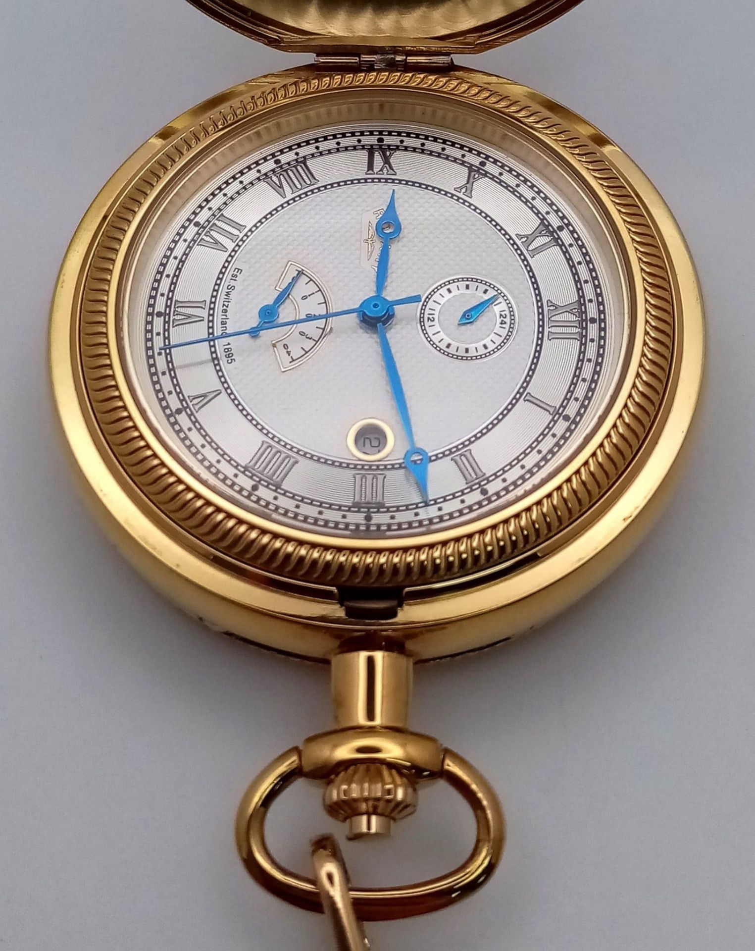 An Unworn Gold Plated Rotary Manual Wind Pocket, Date Watch. 4 Day Power Reserve. With Albert Chain. - Image 5 of 8
